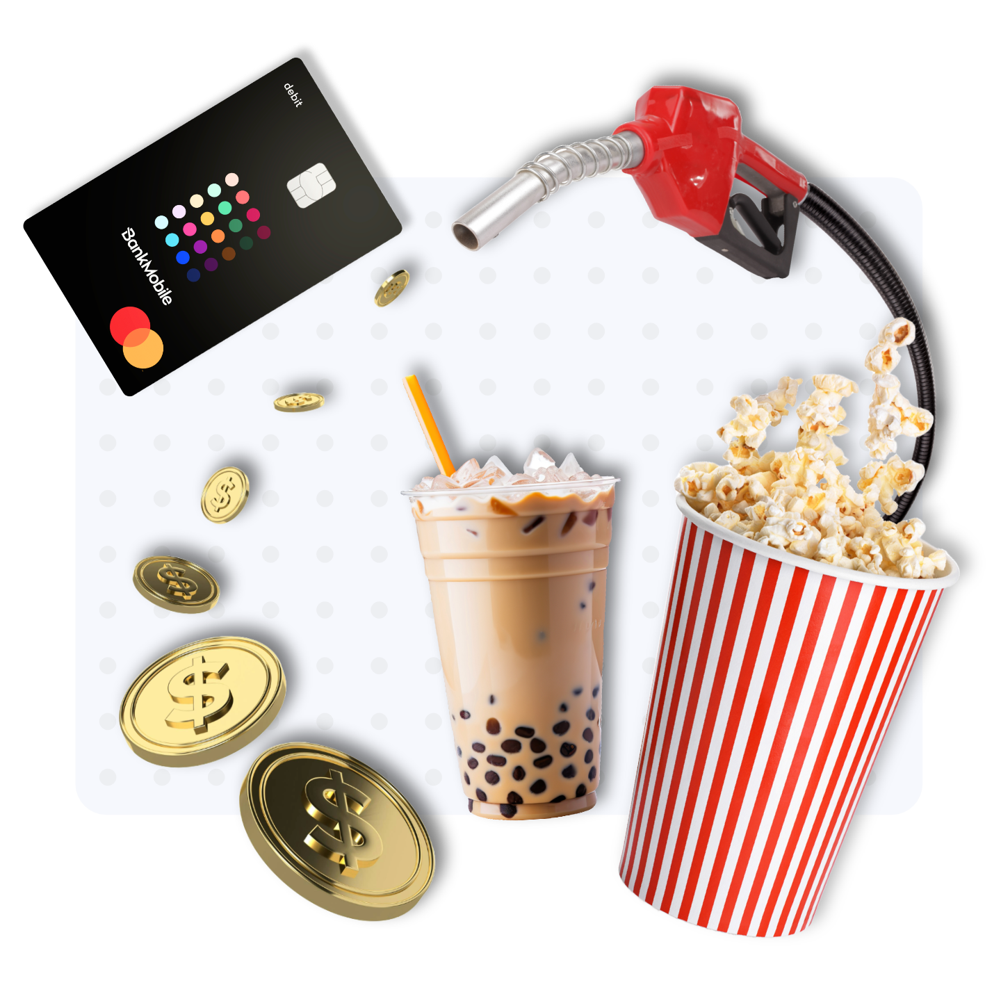 BankMobile debit card image with a container of popcorn, a pearl drink, gas pump, and coins coming out of the gas pump.